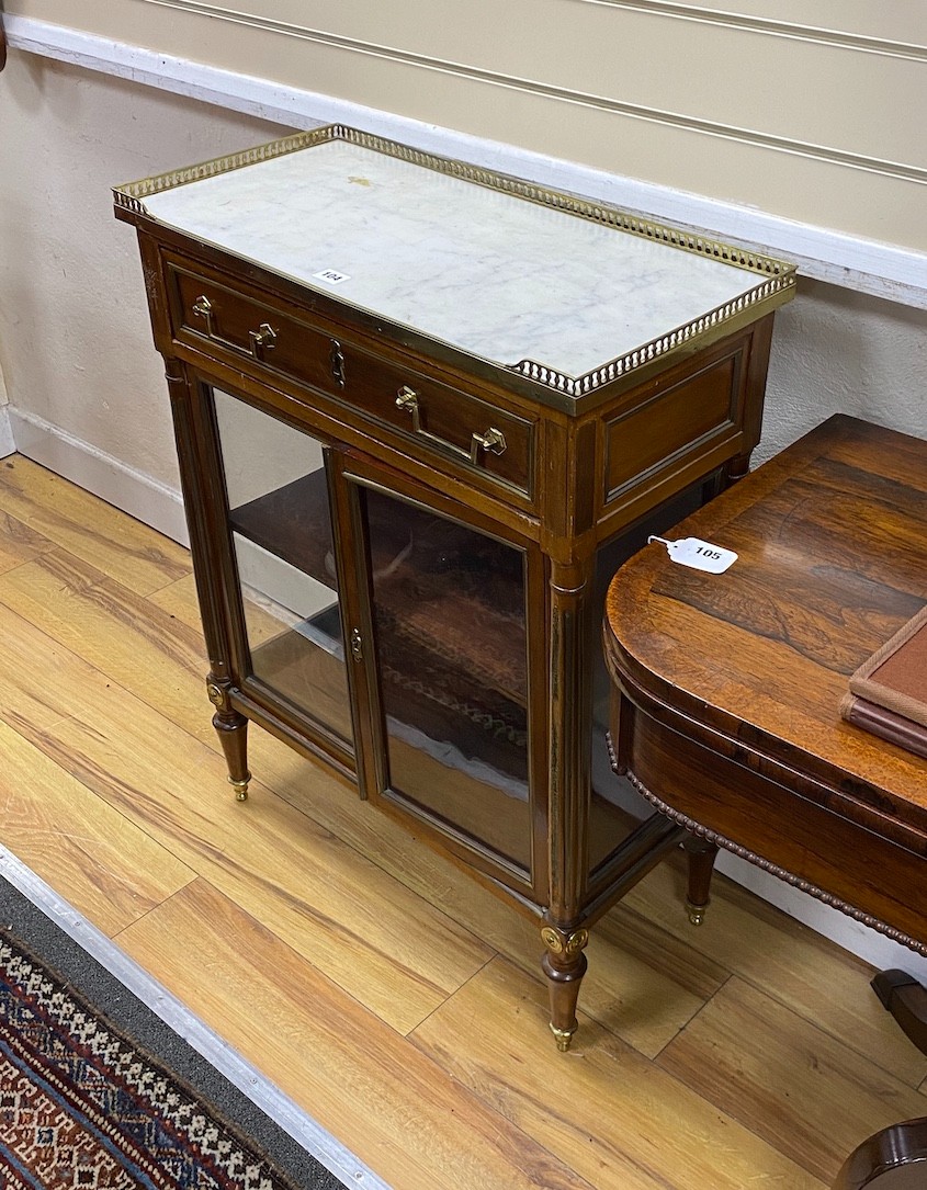 A pair of French brass mounted marble topped glazed mahogany pier cabinets, width 64cm, depth 30cm, height 86cm